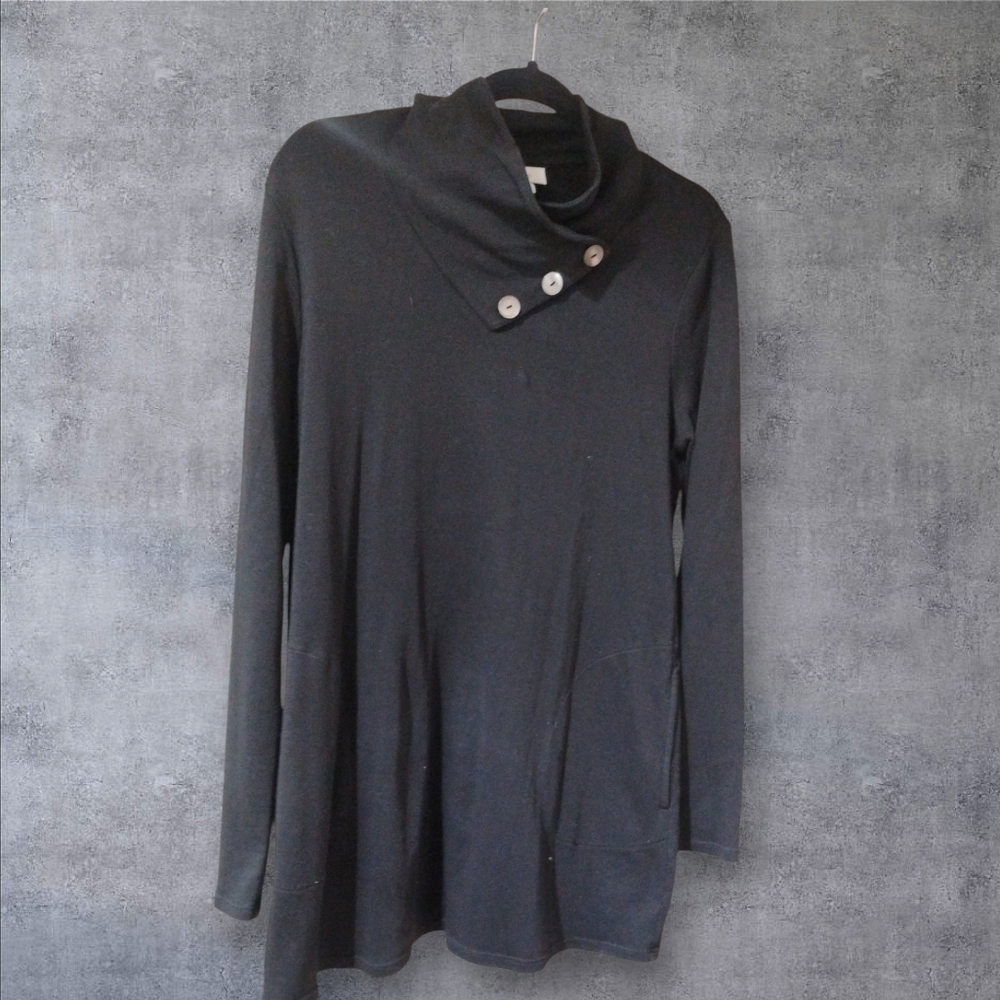 Pure Jill Mock Neck Cotton Tunic Blouse Black SZ M